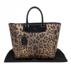 Pre Owned Dolce and Gabbana Black Leopard Print Leather Lucia Shopper Tote