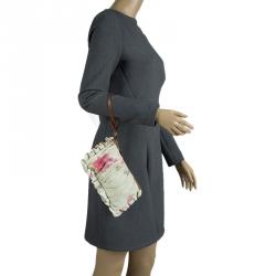 Pre Owned Dolce and Gabbana Cream Floral Print Leather Ruffle Zip Clutch