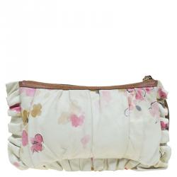 Pre Owned Dolce and Gabbana Cream Floral Print Leather Ruffle Zip Clutch