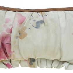 Pre Owned Dolce and Gabbana Cream Floral Print Leather Ruffle Zip Clutch