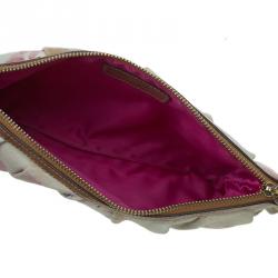 Pre Owned Dolce and Gabbana Cream Floral Print Leather Ruffle Zip Clutch