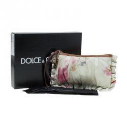 Pre Owned Dolce and Gabbana Cream Floral Print Leather Ruffle Zip Clutch