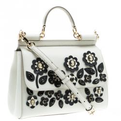 Pre Owned Dolce and Gabbana Off White Leather Medium Jewel Embellished Miss Sicily Top Handle Bag