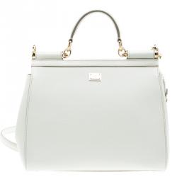 Pre Owned Dolce and Gabbana Off White Leather Medium Jewel Embellished Miss Sicily Top Handle Bag