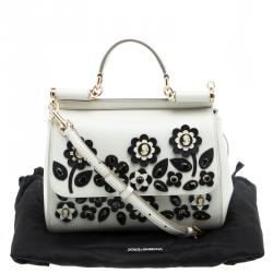 Pre Owned Dolce and Gabbana Off White Leather Medium Jewel Embellished Miss Sicily Top Handle Bag