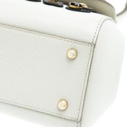Pre Owned Dolce and Gabbana Off White Leather Medium Jewel Embellished Miss Sicily Top Handle Bag