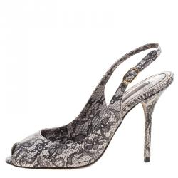 Pre Owned Dolce and Gabbana Black Chantilly Lace Printed Leather Peep Toe Slingback Sandals Size 38