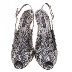 Pre Owned Dolce and Gabbana Black Chantilly Lace Printed Leather Peep Toe Slingback Sandals Size 38