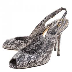 Pre Owned Dolce and Gabbana Black Chantilly Lace Printed Leather Peep Toe Slingback Sandals Size 38