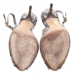 Pre Owned Dolce and Gabbana Black Chantilly Lace Printed Leather Peep Toe Slingback Sandals Size 38