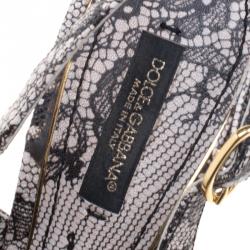 Pre Owned Dolce and Gabbana Black Chantilly Lace Printed Leather Peep Toe Slingback Sandals Size 38