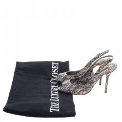 Pre Owned Dolce and Gabbana Black Chantilly Lace Printed Leather Peep Toe Slingback Sandals Size 38