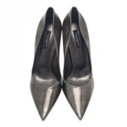 Pre Owned حذاء دولتشي أند غابانا جلد رمادي ميتالك مقدمة مدببة مقاس 37.5