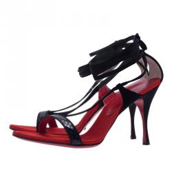 Pre Owned Dolce and Gabbana Black Satin and Leather Ankle Wrap Sandals Size 41