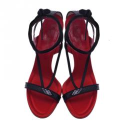 Pre Owned Dolce and Gabbana Black Satin and Leather Ankle Wrap Sandals Size 41