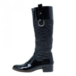 Pre Owned Dolce and Gabbana Black Patent Leather and Quilted Nylon Knee Boots Size 40.5