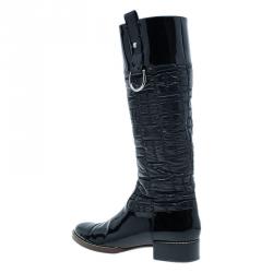 Pre Owned Dolce and Gabbana Black Patent Leather and Quilted Nylon Knee Boots Size 40.5