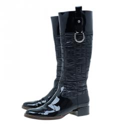 Pre Owned Dolce and Gabbana Black Patent Leather and Quilted Nylon Knee Boots Size 40.5