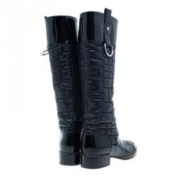 Pre Owned Dolce and Gabbana Black Patent Leather and Quilted Nylon Knee Boots Size 40.5