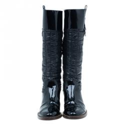Pre Owned Dolce and Gabbana Black Patent Leather and Quilted Nylon Knee Boots Size 40.5
