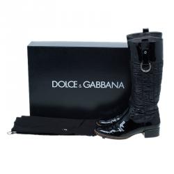 Pre Owned Dolce and Gabbana Black Patent Leather and Quilted Nylon Knee Boots Size 40.5