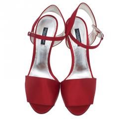 Pre Owned Dolce and Gabbana Red Satin Ankle Strap Sandals Size 38
