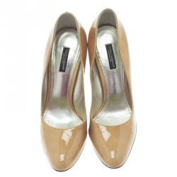 Pre Owned Dolce and Gabbana Beige Patent Cone Heel Pumps Size 38
