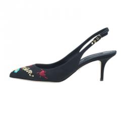Pre Owned Dolce and Gabbana Black Je Taime Maman Sequined Grosgrain Slingback Sandals Size 40 
