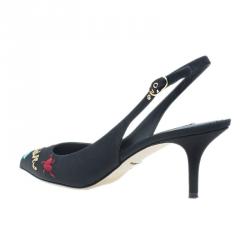 Pre Owned Dolce and Gabbana Black Je Taime Maman Sequined Grosgrain Slingback Sandals Size 40 