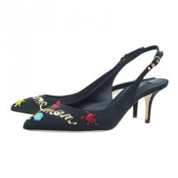 Pre Owned Dolce and Gabbana Black Je Taime Maman Sequined Grosgrain Slingback Sandals Size 40 