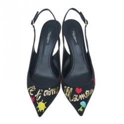 Pre Owned Dolce and Gabbana Black Je Taime Maman Sequined Grosgrain Slingback Sandals Size 40 