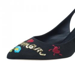 Pre Owned Dolce and Gabbana Black Je Taime Maman Sequined Grosgrain Slingback Sandals Size 40 