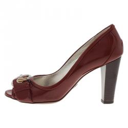 Pre Owned Dolce and Gabbana Red Patent Buckle Detail Peep Toe Pumps Size 39.5