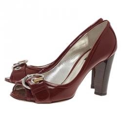 Pre Owned Dolce and Gabbana Red Patent Buckle Detail Peep Toe Pumps Size 39.5