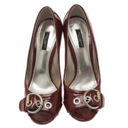 Pre Owned Dolce and Gabbana Red Patent Buckle Detail Peep Toe Pumps Size 39.5