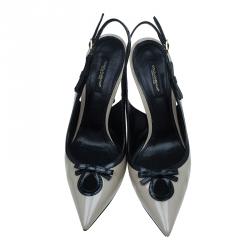 Pre Owned Dolce and Gabbana Grey and Black Bow Detail Pointed Toe Slingback Sandals Size 37