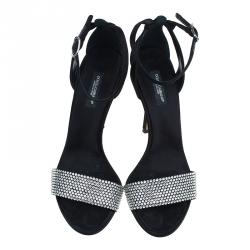 Pre Owned Dolce and Gabbana Black Embellished Satin Ankle Strap Sandals Size 37