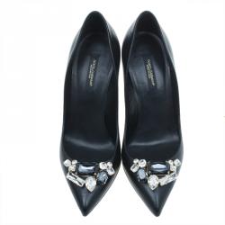 Pre Owned Dolce and Gabbana Black Leather Embellished Pumps Size 37