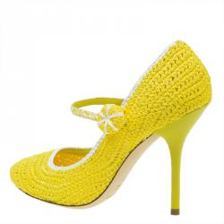 Pre Owned Dolce and Gabbana Yellow Raffia Mary Jane Pumps Size 37
