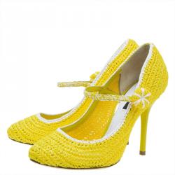 Pre Owned Dolce and Gabbana Yellow Raffia Mary Jane Pumps Size 37