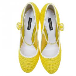 Pre Owned Dolce and Gabbana Yellow Raffia Mary Jane Pumps Size 37