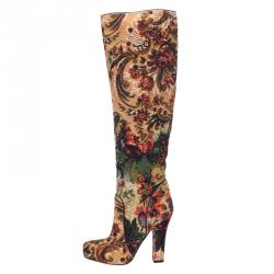 Pre Owned Dolce and Gabbana Multicolor Brocade Over the Knee Boots Size 36
