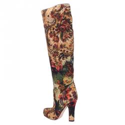 Pre Owned Dolce and Gabbana Multicolor Brocade Over the Knee Boots Size 36