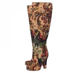 Pre Owned Dolce and Gabbana Multicolor Brocade Over the Knee Boots Size 36