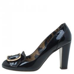 Pre Owned Dolce and Gabbana Black Patent Buckle Detail Pumps Size 38.5