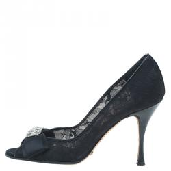 Pre Owned Dolce and Gabbana Black Lace Crystal Embellished Peep Toe Pumps Size 36.5