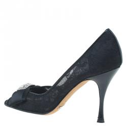 Pre Owned Dolce and Gabbana Black Lace Crystal Embellished Peep Toe Pumps Size 36.5