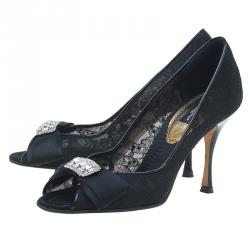 Pre Owned Dolce and Gabbana Black Lace Crystal Embellished Peep Toe Pumps Size 36.5