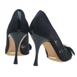 Pre Owned Dolce and Gabbana Black Lace Crystal Embellished Peep Toe Pumps Size 36.5