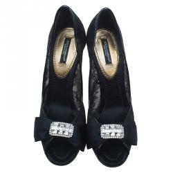 Pre Owned Dolce and Gabbana Black Lace Crystal Embellished Peep Toe Pumps Size 36.5